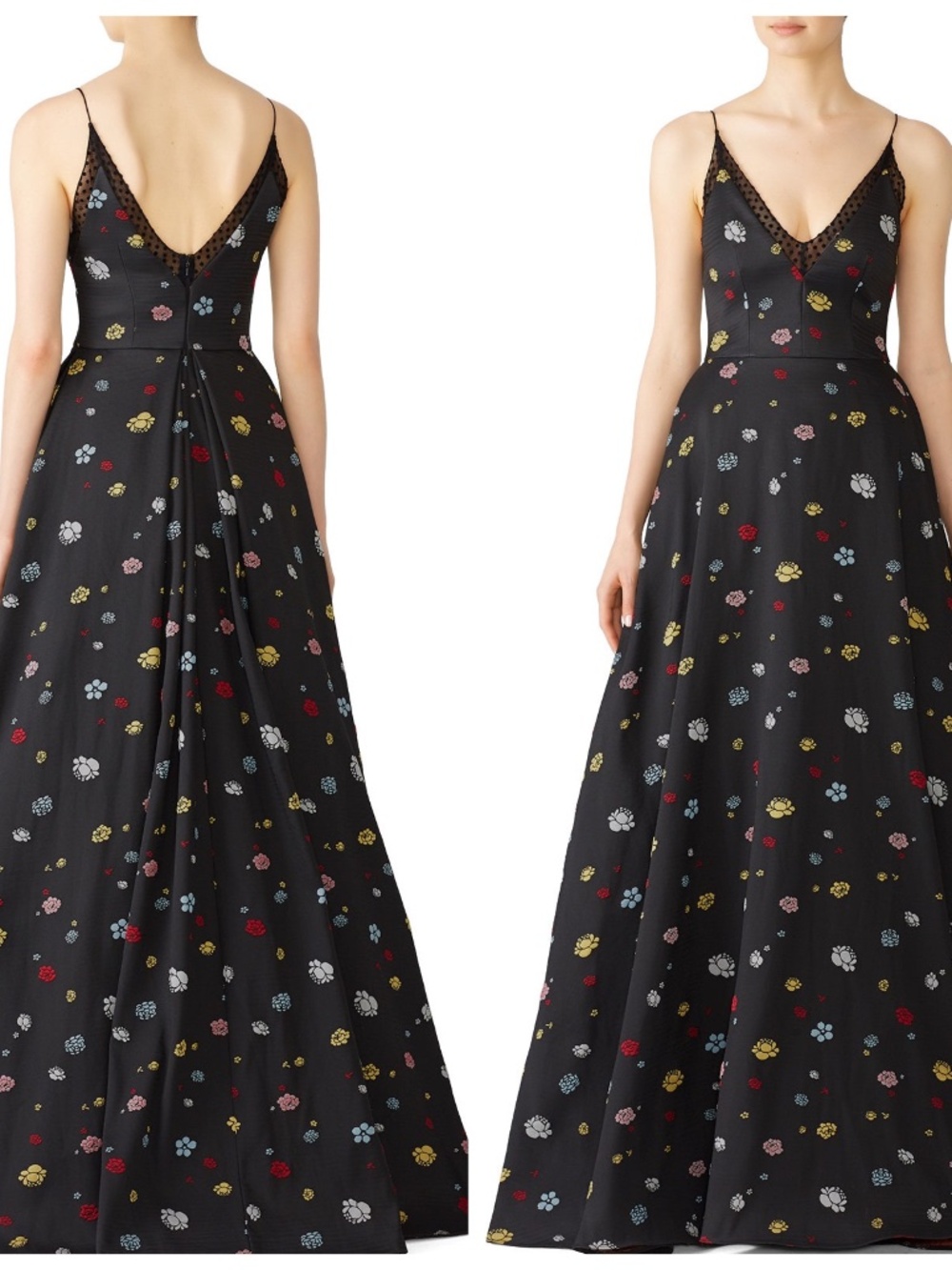ML Monique Lhuillier Black Floral Ball Gown Dress Embroidered A-line - Size 0